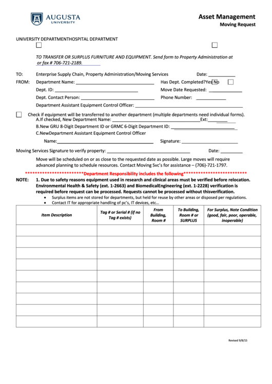 Asset Management Moving Request Form 2015 Printable pdf