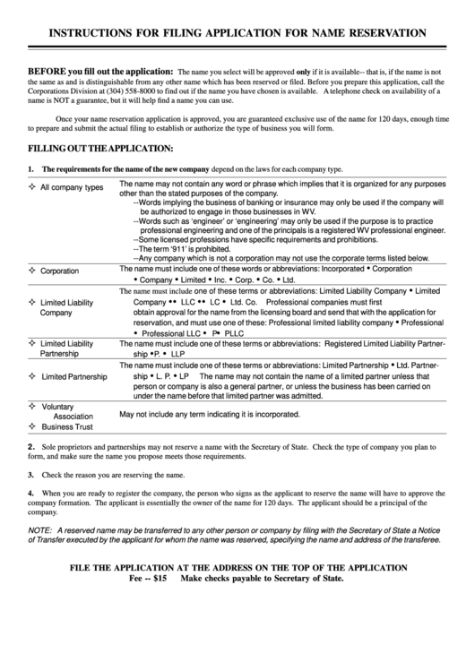 Form Nr-1-Instructions For Filing Application For Name Reservation Form Printable pdf