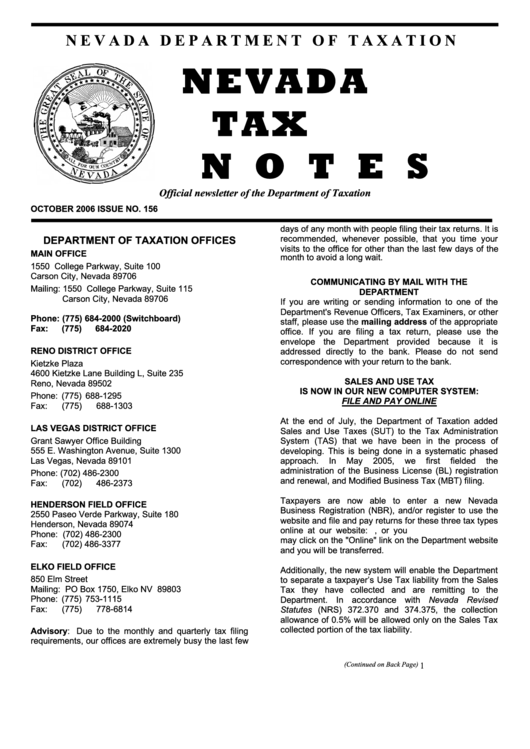Nevada Tax Form Notes Printable pdf