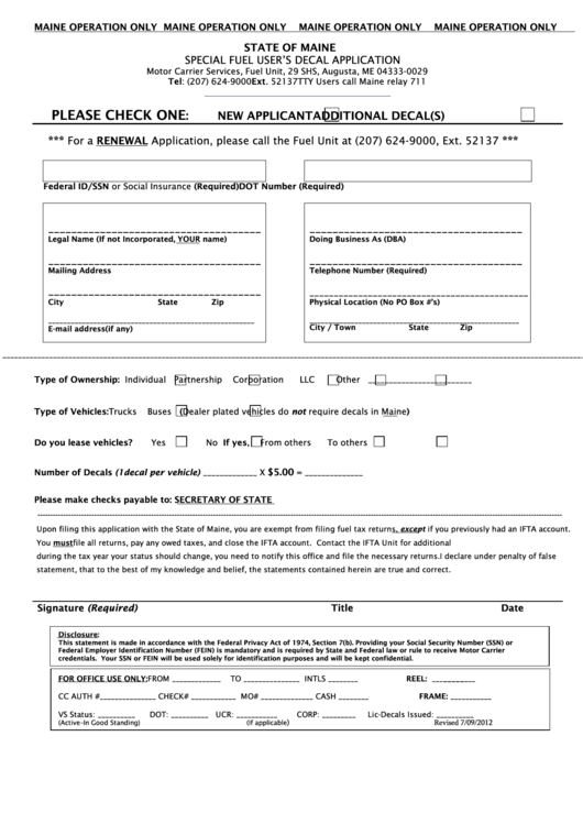 Special Fuel Users Decal-Maine Only Application Form Printable pdf