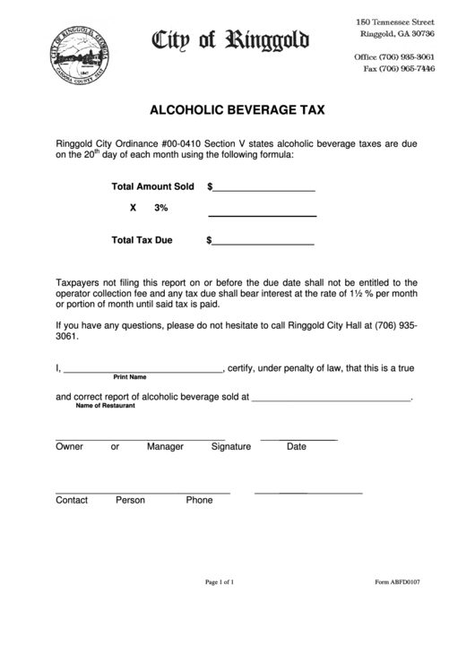 Form Abfd0107 - Alcoholic Beverage Tax Printable pdf