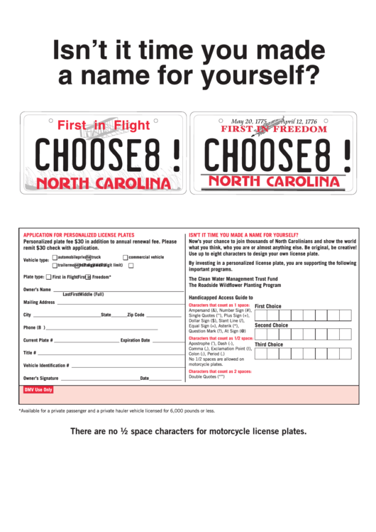 Application Form For A Personalized License Plate Printable pdf
