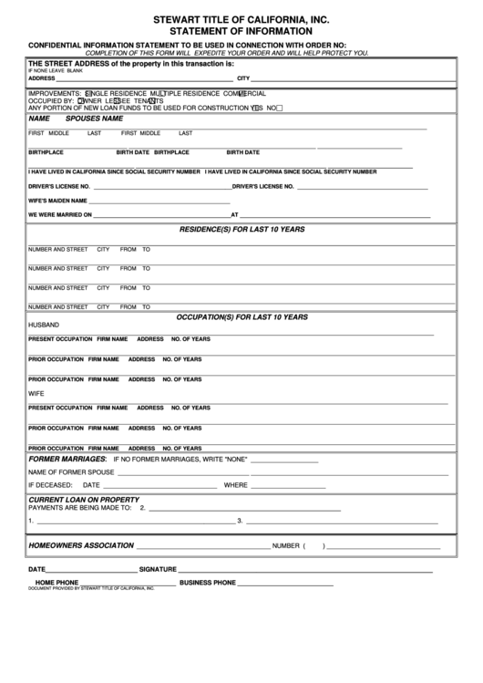 Statement Of Information Form Printable pdf