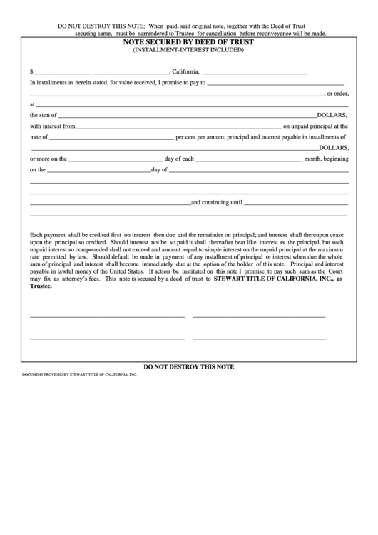 Note Secured By Deed Of Trust Form Printable pdf