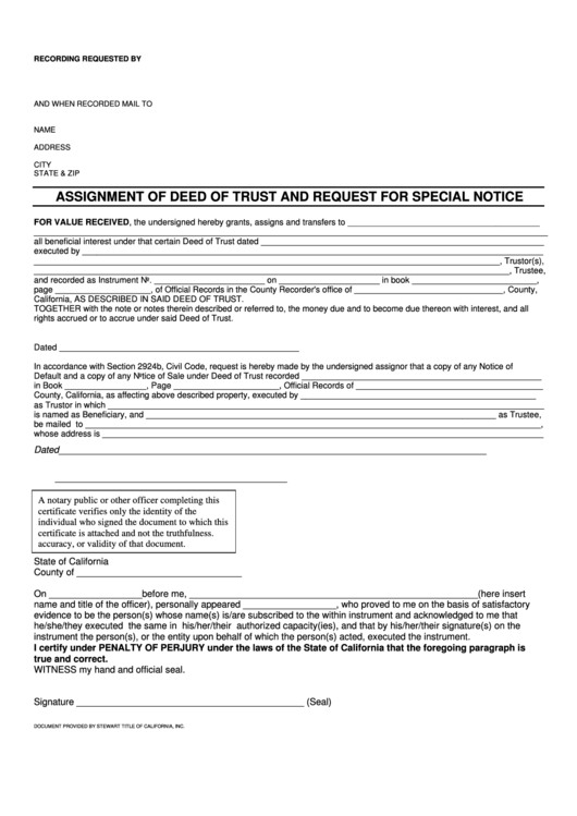 Assignment Of Deed Of Trust And Request For Special Notice Form Printable pdf
