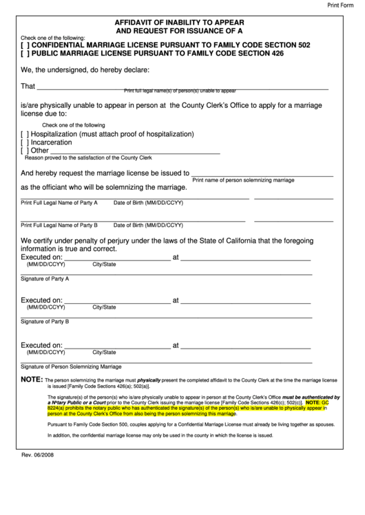 Fillable Form Of Affidavit Of Inability To Appear-Request For Issuance Of Marriage License Printable pdf
