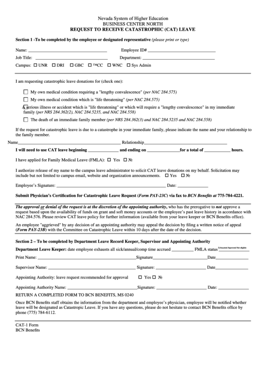 Form Cat-1-Cat Leave-Request To Receive Catastrophic Leave Donations Form Printable pdf