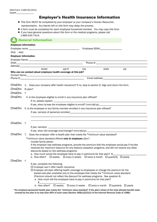 Doh-Form 116m 05 - Employer Health Insurance Information Printable pdf