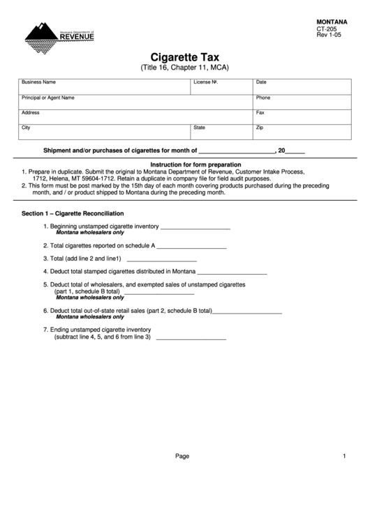 Fillable Cigarette Tax Worksheet - Montana Department Of Revenue Printable pdf