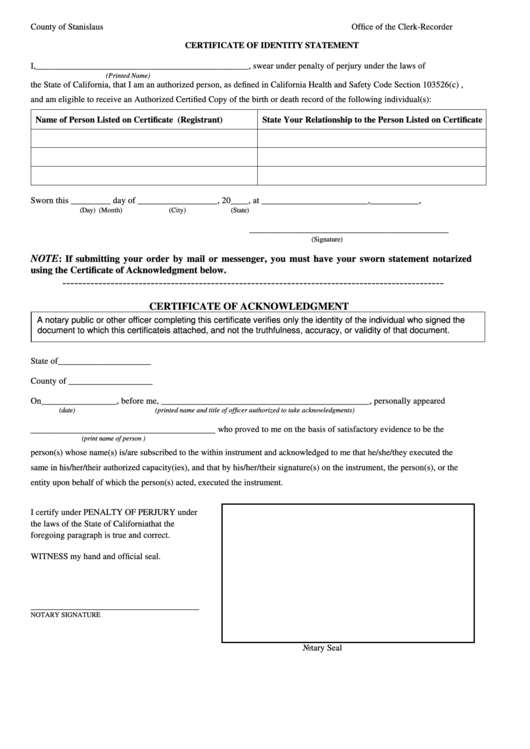 Fillable Certificate Of Identity For Birth-Death Form Printable pdf