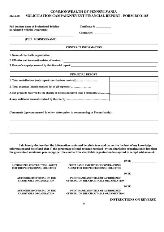 Fillable Form Bco-165 - Solicitation Campaign/event Financial Report - Commonwealth Of Pennsylvania Printable pdf