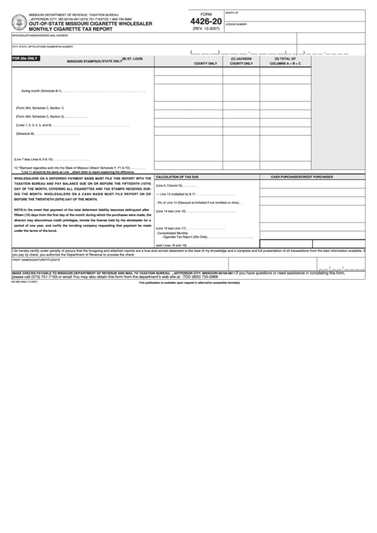 Fillable Form 4426-20- Out-Of-State Missouri Cigarette Wholesaler Monthly Cigarette Tax Report - Missouri Department Of Revenue, Taxation Bureau Printable pdf