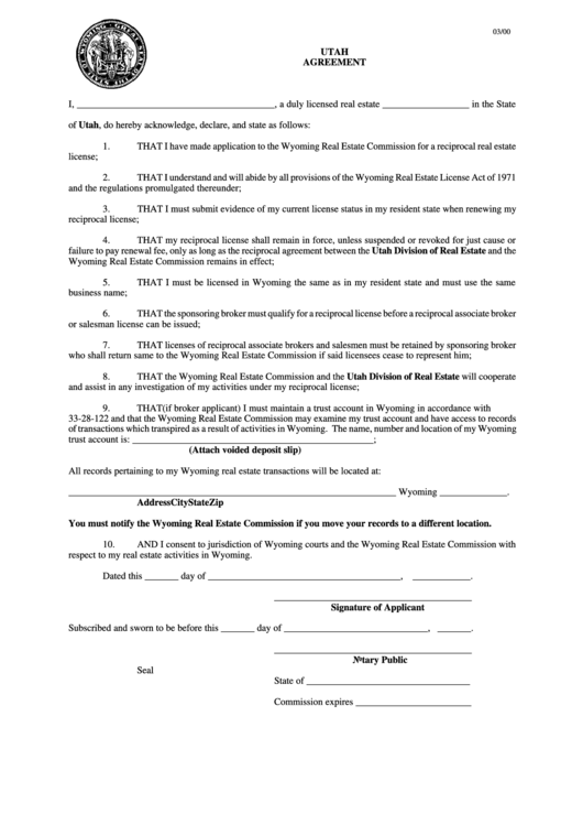 Utah Agreement Form 2000 Printable pdf