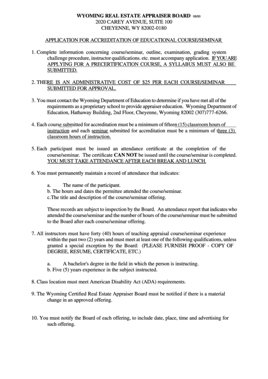 Application For Accreditation Of Educational Course/seminar - Real Estate Appraiser Board Printable pdf