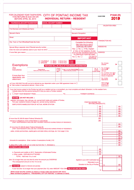 Fillable Form P1040 (R) - Individual Return - Resident - 2011 Printable pdf