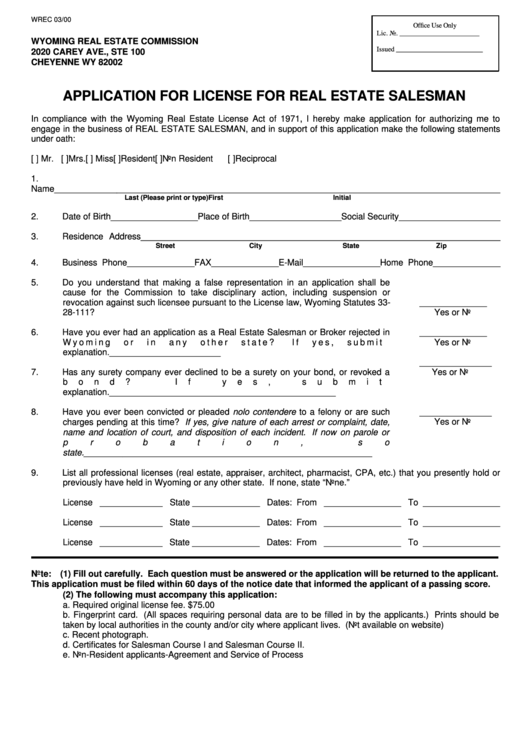 Application For License For Real Estate Salesman Form 2000 Printable pdf