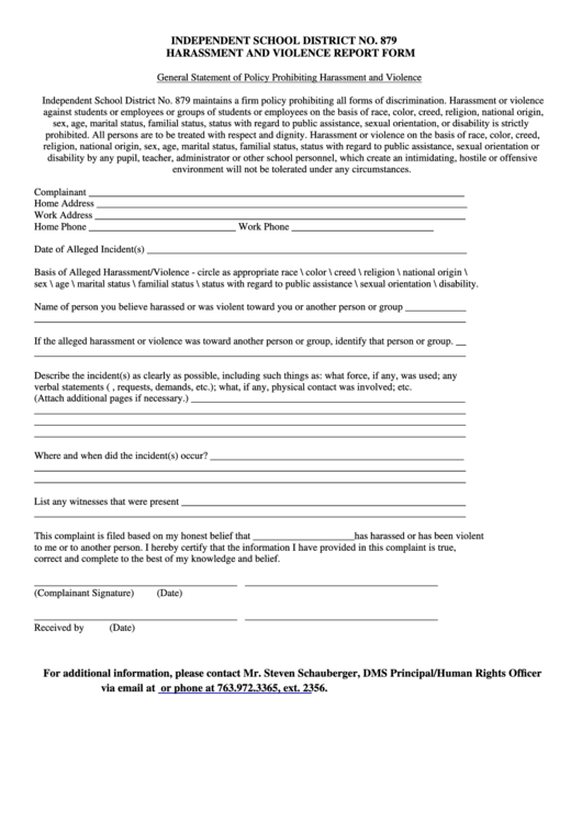 Harassment And Violence Report Form - Independent School District No. 879 Printable pdf