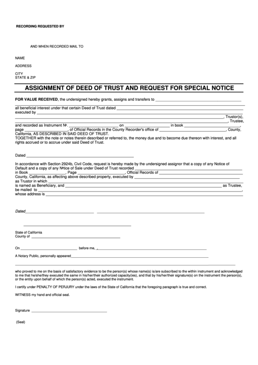 Assignment Of Deed Of Trust And Request For Special Notice - State Of California Printable pdf