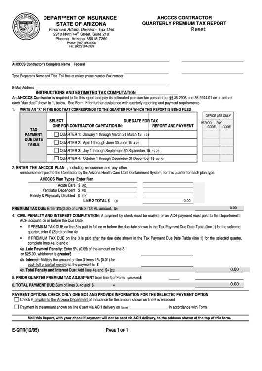 Fillable Form E-Qtr - Ahcccs Contractor Quarterly Premium Tax Report Printable pdf