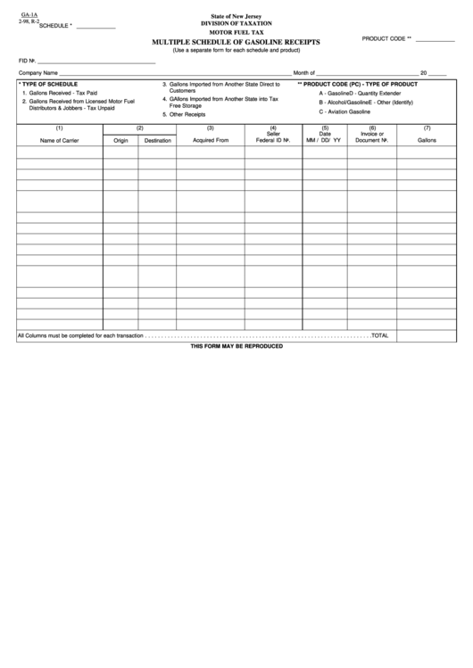 Fillable Form Ga-1a - Motor Fuel Tax, Multiple Schedule Of Gasoline Receipts Printable pdf