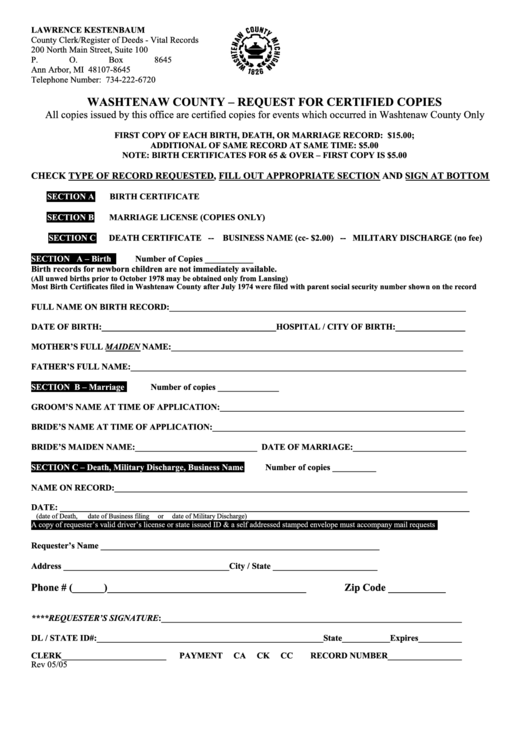 Washtenaw County - Request For Certified Copies Form 2005 Printable pdf