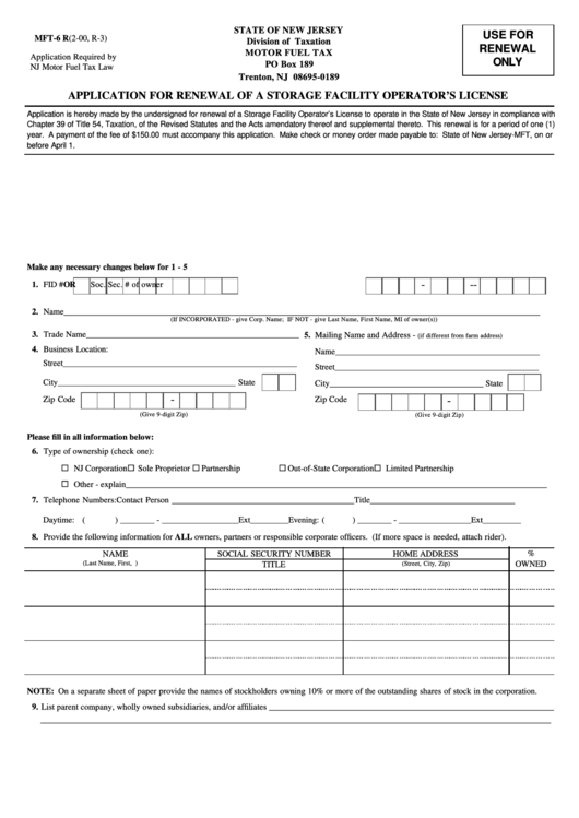 Fillable Form Mft-6 R - Application For Renewal Of A Storage Facility Operator