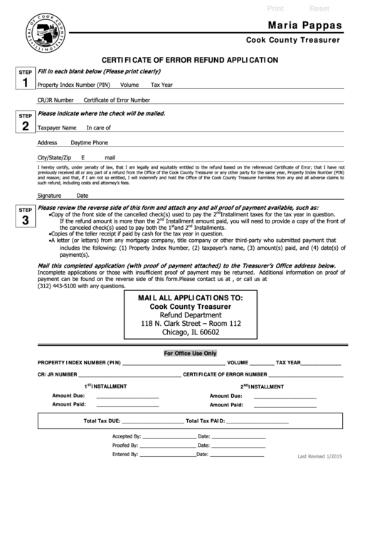 Fillable Certificate Of Error Refund Application Form 2015 Printable pdf