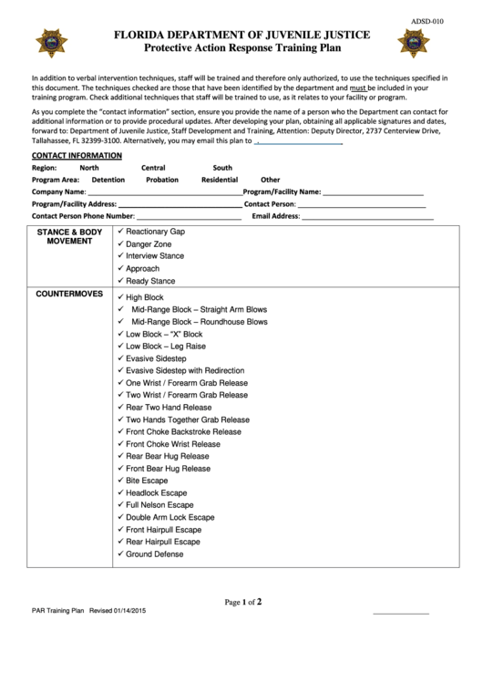 Fillable Form Adsd-010 - Protective Action Response Training Plan 2015 Printable pdf