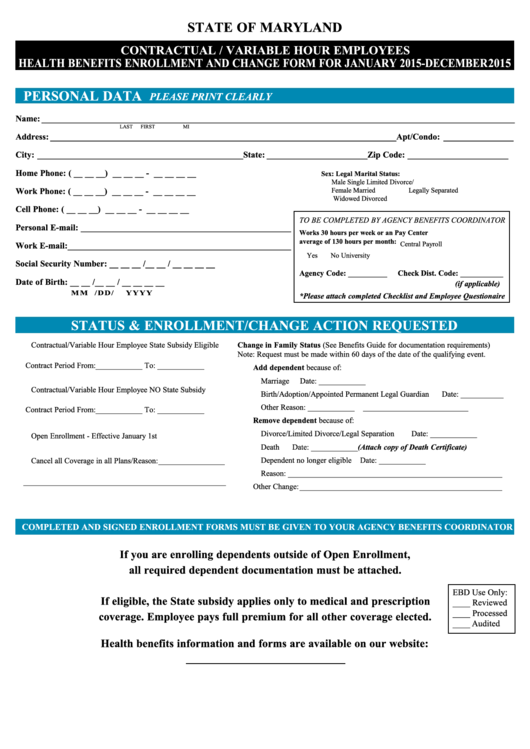 Fillable Form Cef14 - Contractual / Variable Hour Employees Health Benefits Enrollment And Change Form For January-December 2015 Printable pdf