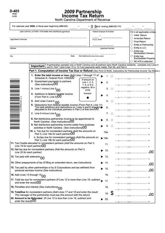 Form D-403 - Partnership Income Tax Return - 2009 Printable pdf