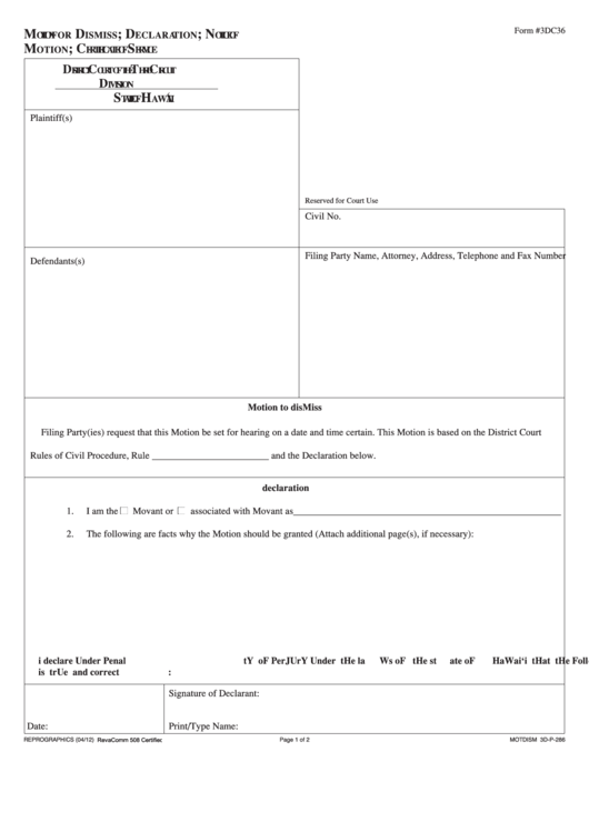 Fillable Form 3dc36 - Motion To Dismiss - 2012 Printable pdf