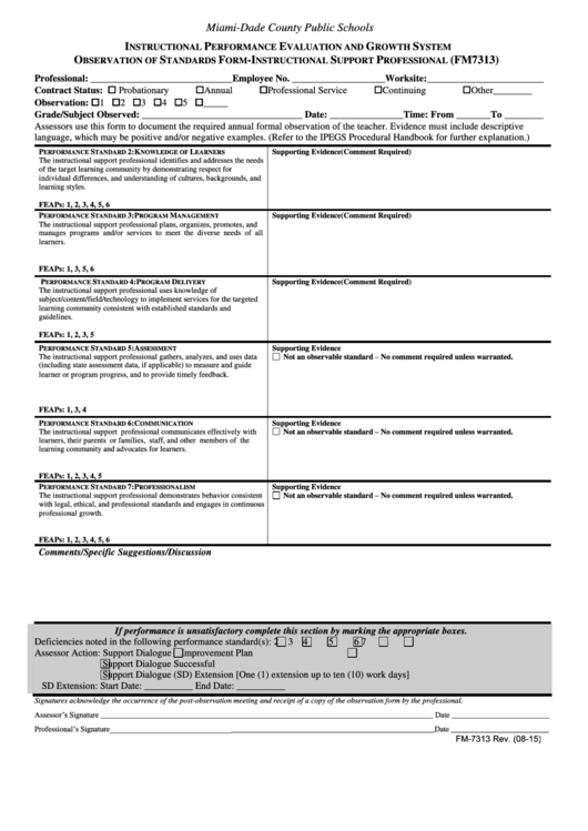 Form Fm-7313 - Observation Of Standards Form - Instructional Support Professional Printable pdf