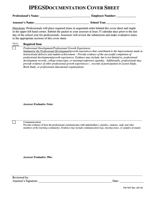 Form Fm-7407 - Ipegs Documentation Cover Sheet