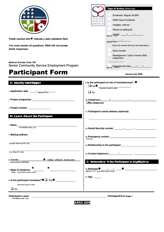 Participant Form - Senior Community Service Employment Program Printable pdf