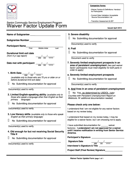 Waiver Factor Update Form - Senior Community Service Employment Program Printable pdf