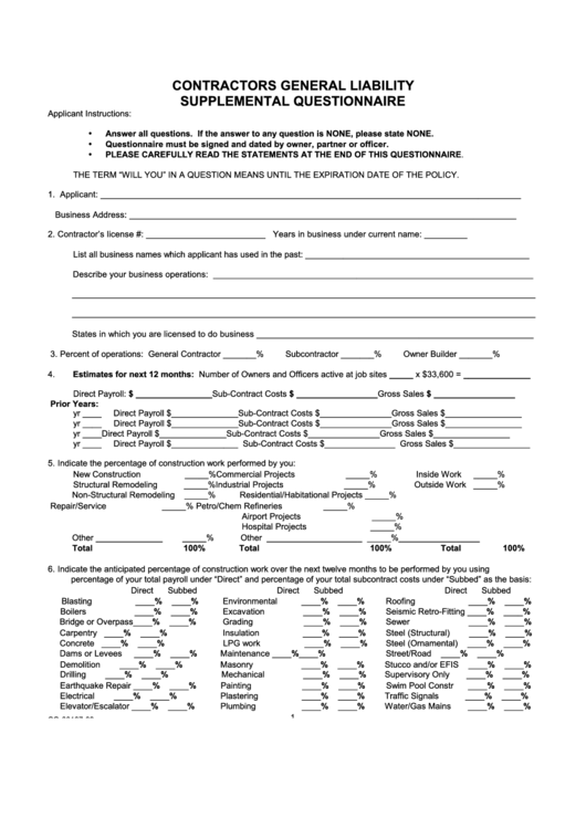 Fillable Contractors General Liability Supplemental Questionnaire
