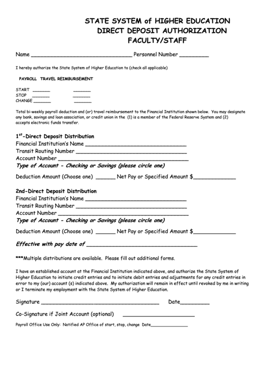 Direct Deposit Authorization Faculty/staff Form Printable pdf