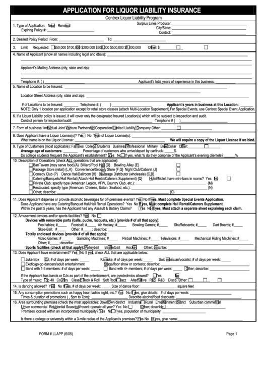 Form # Llapp - Application For Liquor Liability Insurance Printable pdf
