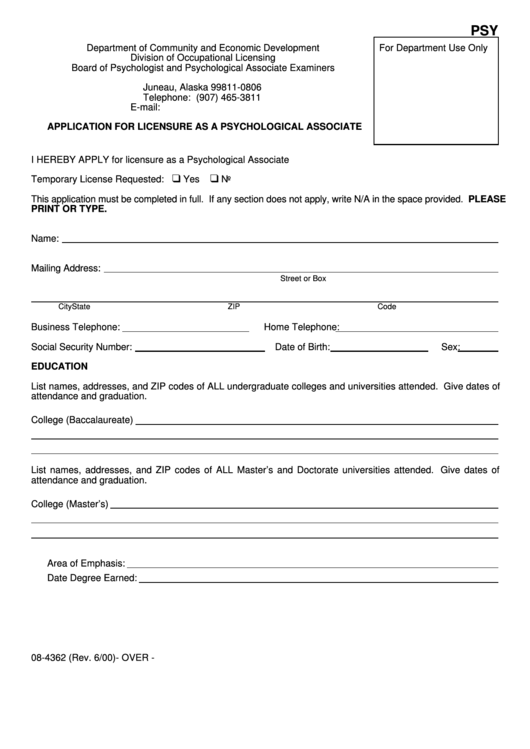 Form 08-4362 - Application For Licensure As A Psychological Associate Printable pdf
