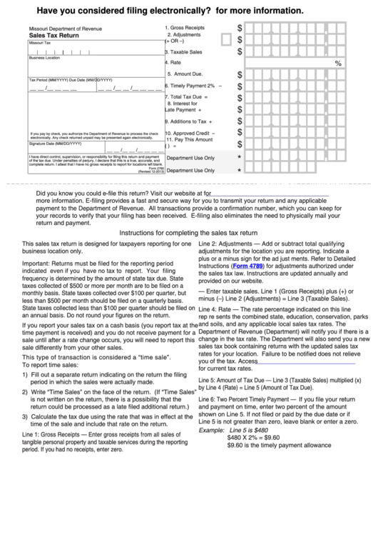 Fillable Sales Tax Return Form - Missouri Department Of Revenue Printable pdf
