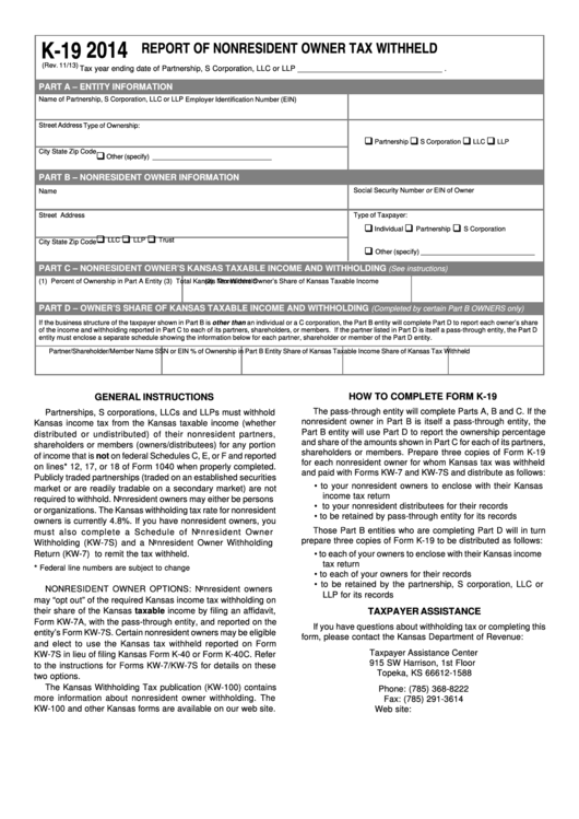 Fillable Form K-19 - Report Of Nonresident Owner Tax Withheld - 2014 Printable pdf