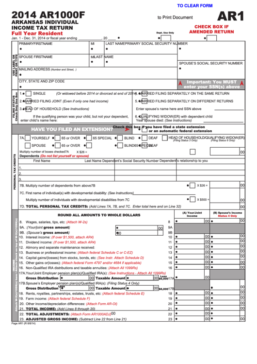 Fillable Form Ar1000f - Arkansas Individual Income Tax Return - 2014 Printable pdf