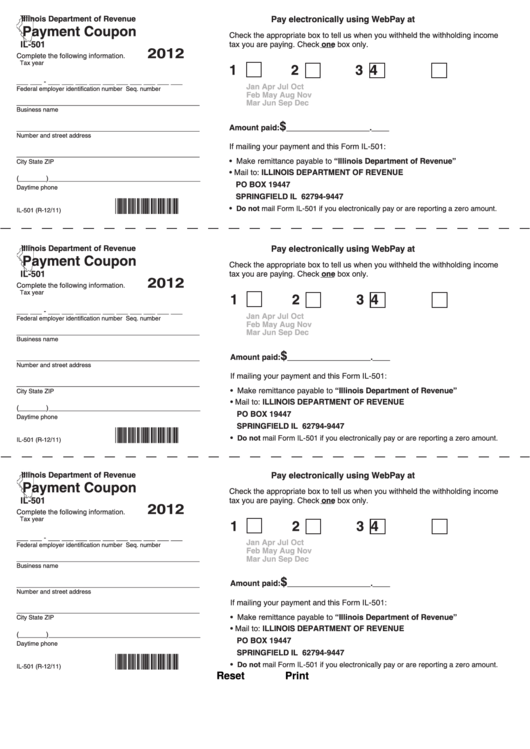 Fillable Form Il-501 - Payment Coupon 2012 Printable pdf