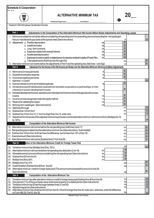 Schedule A Corporation - Alternative Minimum Tax Form - 2013 Printable pdf