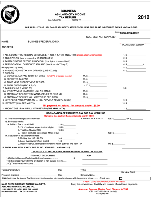 Business Ashland City Income Tax Return Form - 2012 Printable pdf