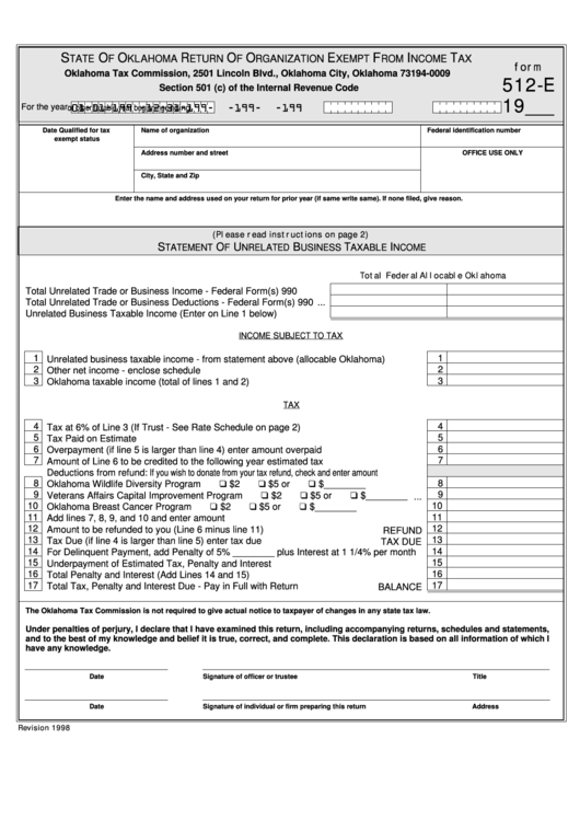 Form 512-E - Return Of Organization Exempt From Income Tax 1998 Printable pdf