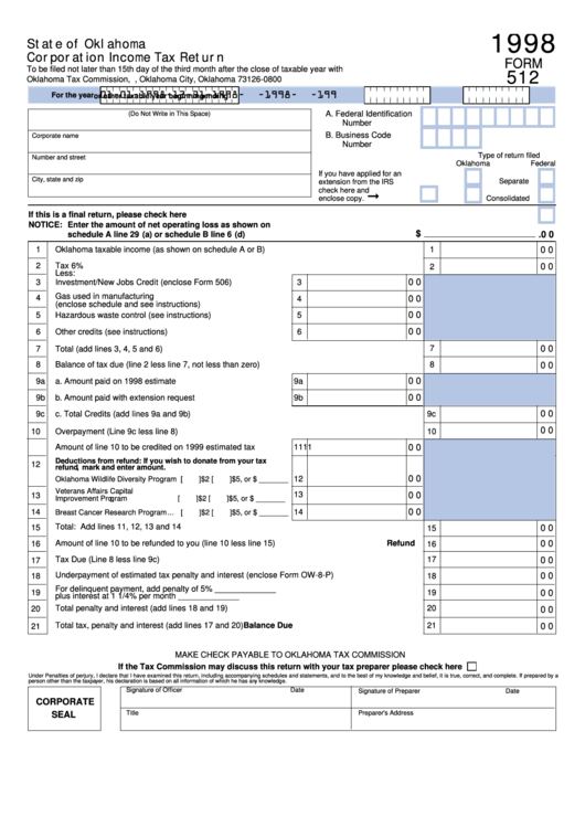 Fillable Form 512 - Corporation Income Tax Return - 1998 Printable pdf