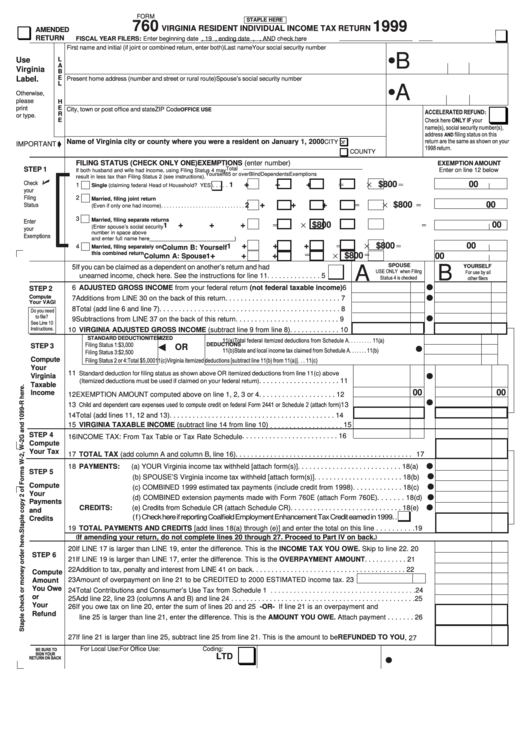 Form 760 - Virginia Resident Individual Income Tax Return - 1999 Printable pdf