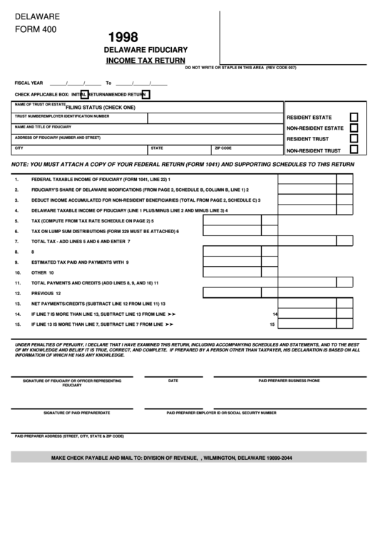 Fillable Form 400 - Delaware Fiduciary Income Tax Return 1998 Printable pdf