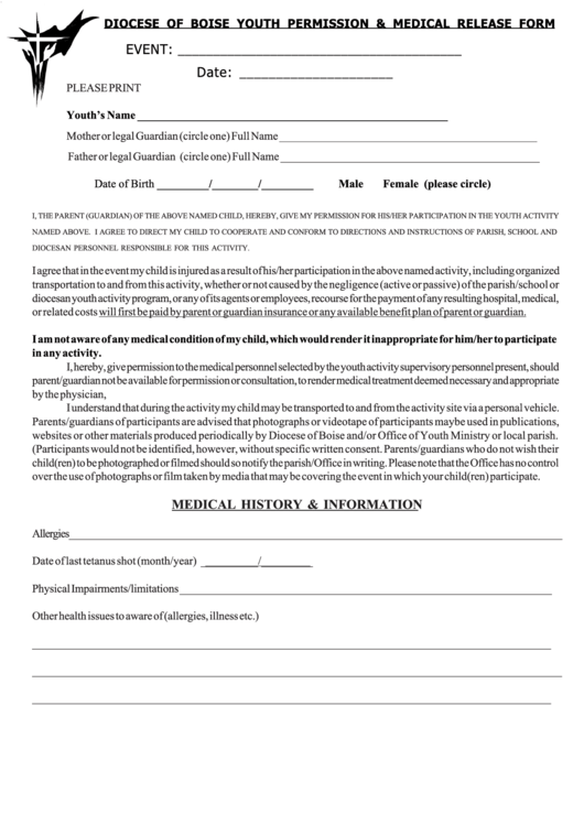 Diocese Of Boise Youth Permission & Medical Release Form Printable pdf